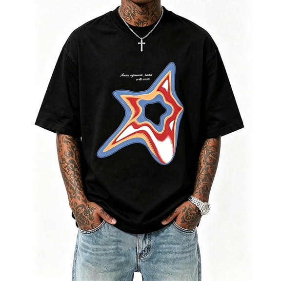 Men's Black Oversized Colorful Abstract Star Graphic T-Shirt, Crew Neck Short Sleeve Casual Top
