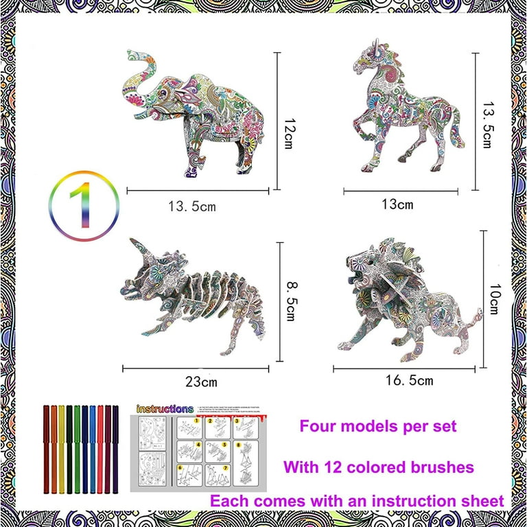3d Coloring Puzzle Set, 4 Animals Painting Puzzles With 12 Pen