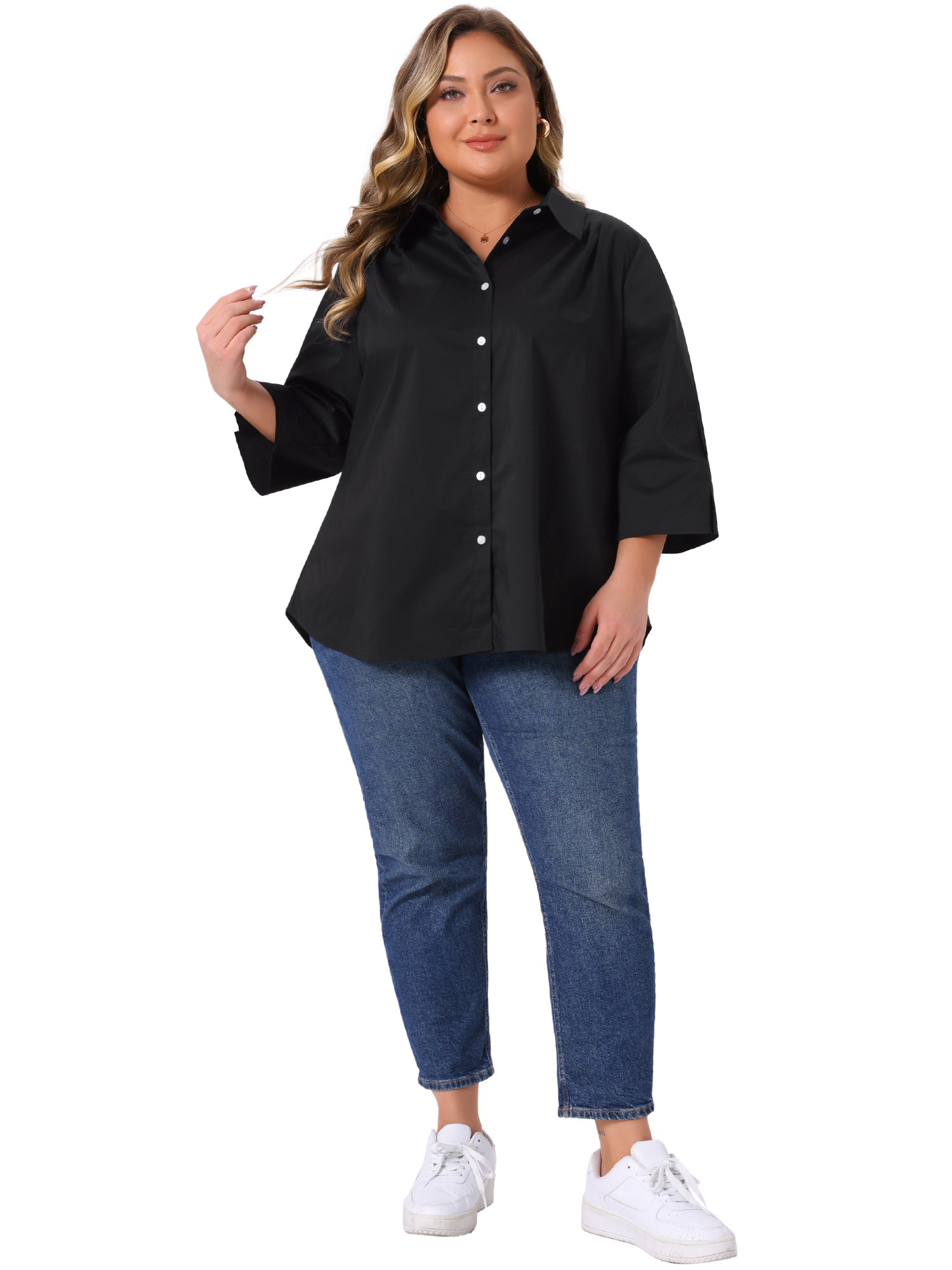 DARING DIVA Women's Plus Button Down Collar Pleated 3/4 Sleeve Casual Blouses 2X Black