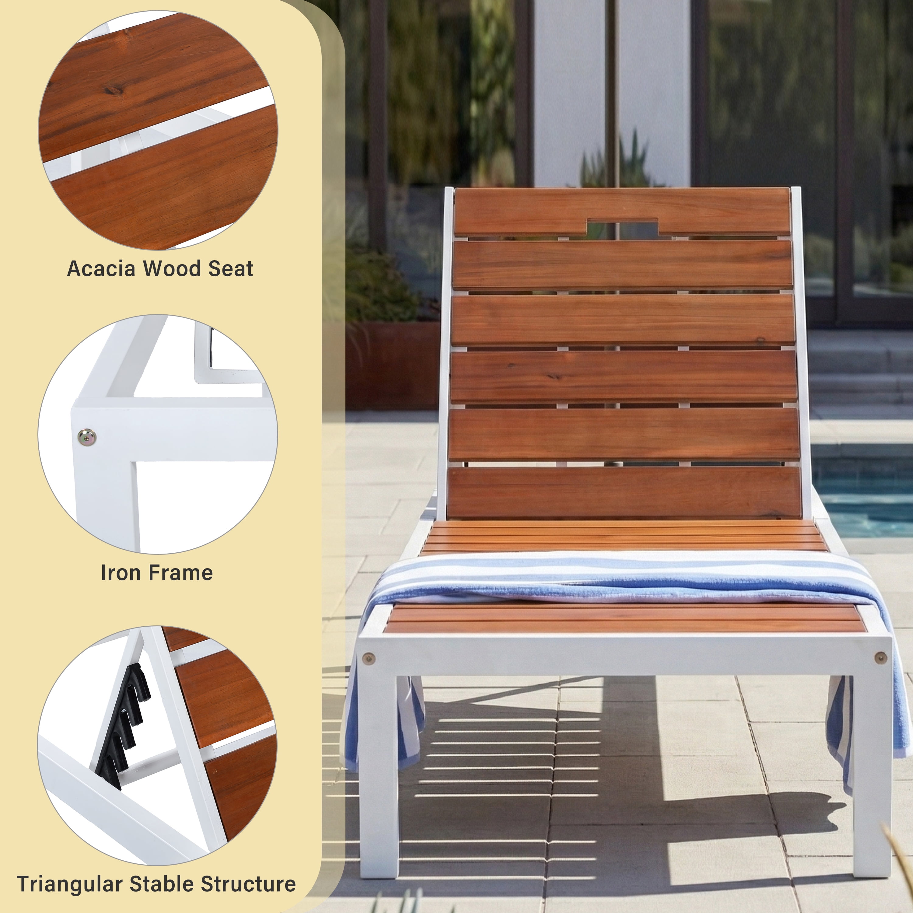 Poolside Chaise Lounge Set, Outdoor Recliner Daybed for Patio Poolside, White and Brown
