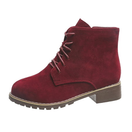 

KmaiSchai Comfort Booties For Women Ladies Vintage Solid Flock Lace Up Side Zipper Thick Heel Fashion Short Boots Tan Boots Girls Botines De Invierno Para Mujer