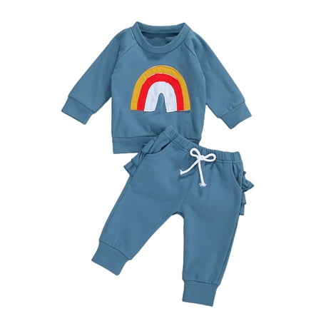 

Gwiyeopda Toddler Baby Girls Outfits Pullover Sweater Rainbow Print Long Sleeve Top Long Pants Sets