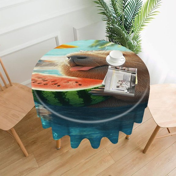 RKSupls 60 Inch Round Tablecloth, Capybara Watermelon Pool Premium Polyester Straight Edge Wrinkle Resistant Washable Table Cover for Party Home Dining Decor