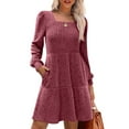 thumbnail image 3 of Womens Square Neck Long Sleeve Fall Dresses Casual Babydoll Sweater Dress Rouge M, 3 of 8