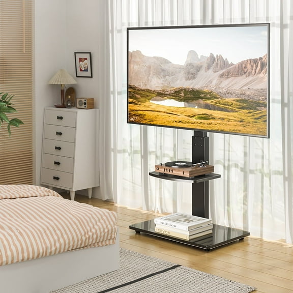 RTVR Floor TV Stand with Mount for 32-70 inch Flat Screens, Black Swivel TV Stand with Adjustable Shelf