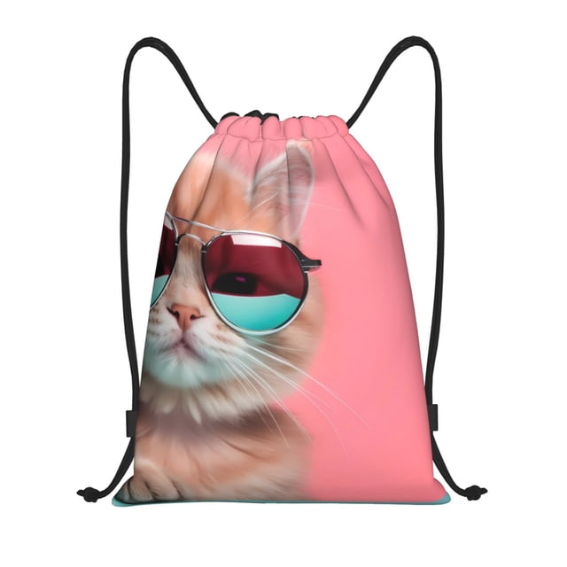 Lukts Cool Cat Pink Sunglasses Pattern Drawstring Backpack Bag Sport Gym Sackpack,String Backpack Sport Bag Sack,Cinch Tote Gym Backpack-Small