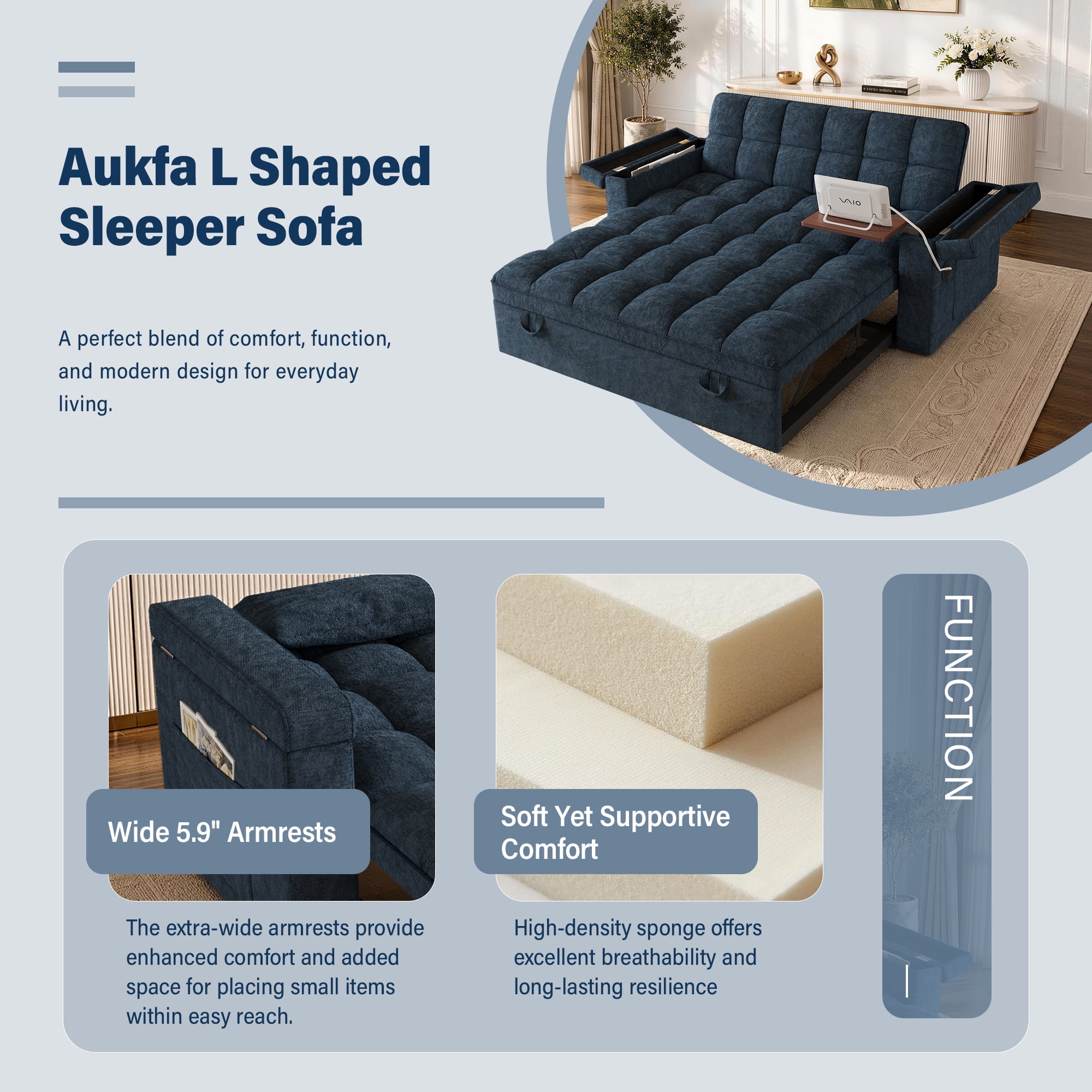 Aukfa 65" 3-in-1 Convertible Sofa Bed with Side Table, Chenille Sleeper Couch with Storage Armrest & 6-Position Adjustable Backrest,Blue