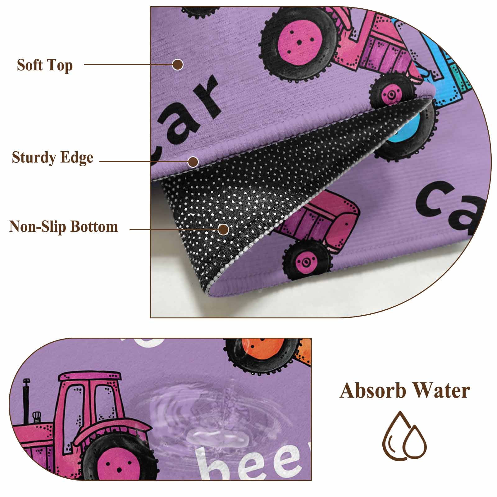 Cartoon Tractor Round Area Rug 8Ft Washable Large Circle Rugs for Living Room Dorm, Cute Beep Car Digger Shovel Truck Light Purple Non-Slip Carpet Floor Mats Indoor Outdoor Carpet Runner Home Decor