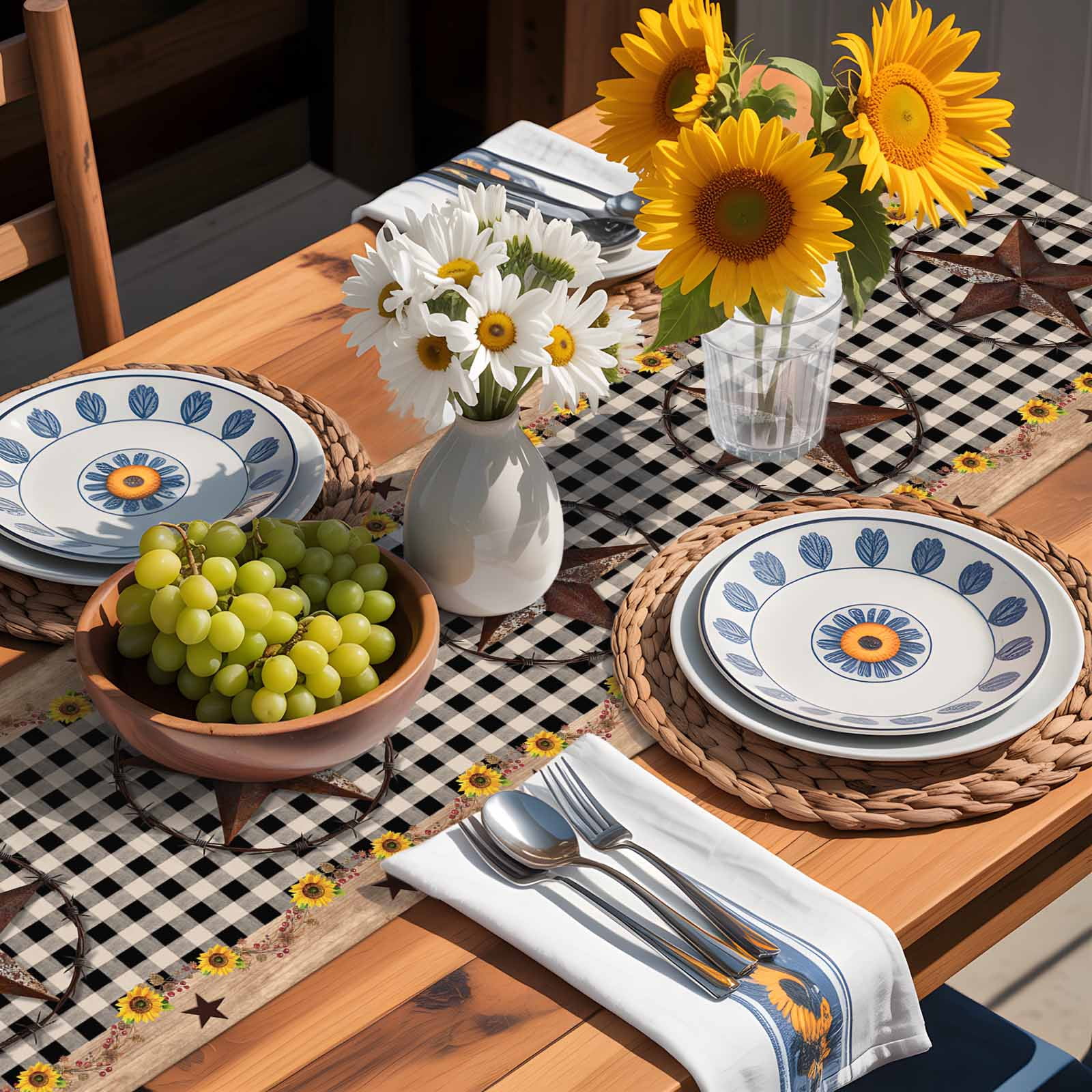 Western Star Farm Sunflower Table Runner 90 Inches Long, Vintage Wood Grain Black Buffalo Plaid Table Runners Tabletop Scarf Kitchen Dining Tables Decoration for Home Party Indoor Outdoor