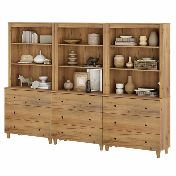Modern 71" Tall Bookcase with 9 Drawers, 3 Columns 3-Tier for Home Office,Dark Brown Wood