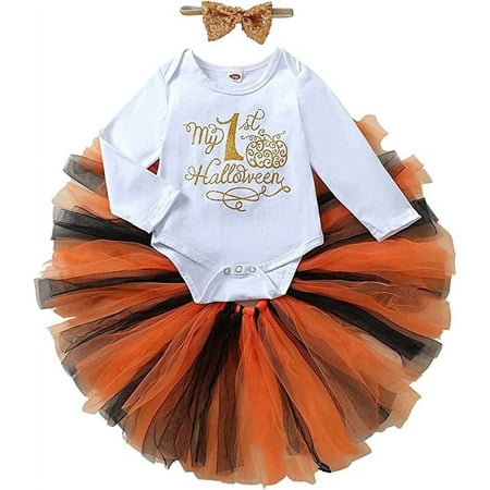 Global Trend LLC Baby Girls First Halloween Dress Outfit Long Sleeve Romper and Tutu Skirt Sequin Headband Outfit