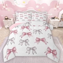 Manfei Lovely Bowtie Ribbon Bedding Comforter Set,Cute Bow Pattern Twin Comforter Sets,White Silver Pink Bedding Set For Teens,Ultra Soft Home Decor Reversible,2pcs