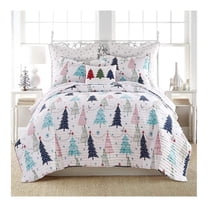 White Pine Quilt Set - Full/Queen - Holiday Christmas Quilt & Shams - Blue, Red, Green - Reversible Polyester