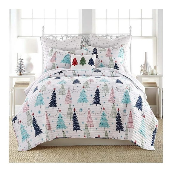 White Pine Quilt Set - Full/Queen - Holiday Christmas Quilt & Shams - Blue, Red, Green - Reversible Polyester