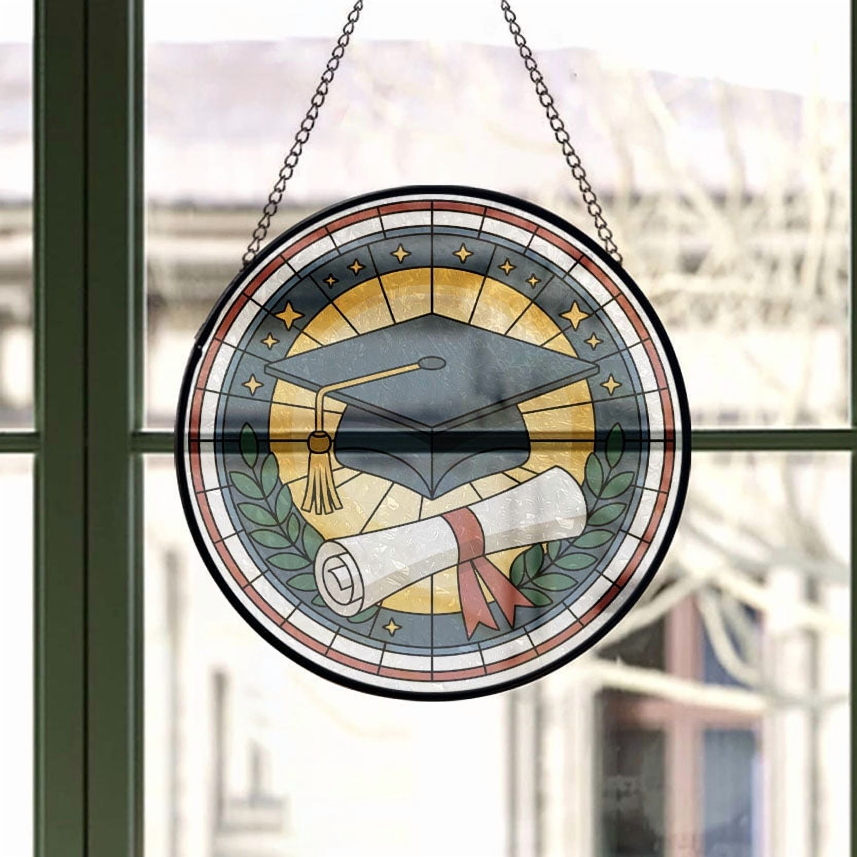 Graduation Cap & Diploma Stained Glass Suncatcher Window Hanging – Holiday Window Hanging Gift for Family, Friends, Men or Women, Christmas 2025 Tree Keepsake