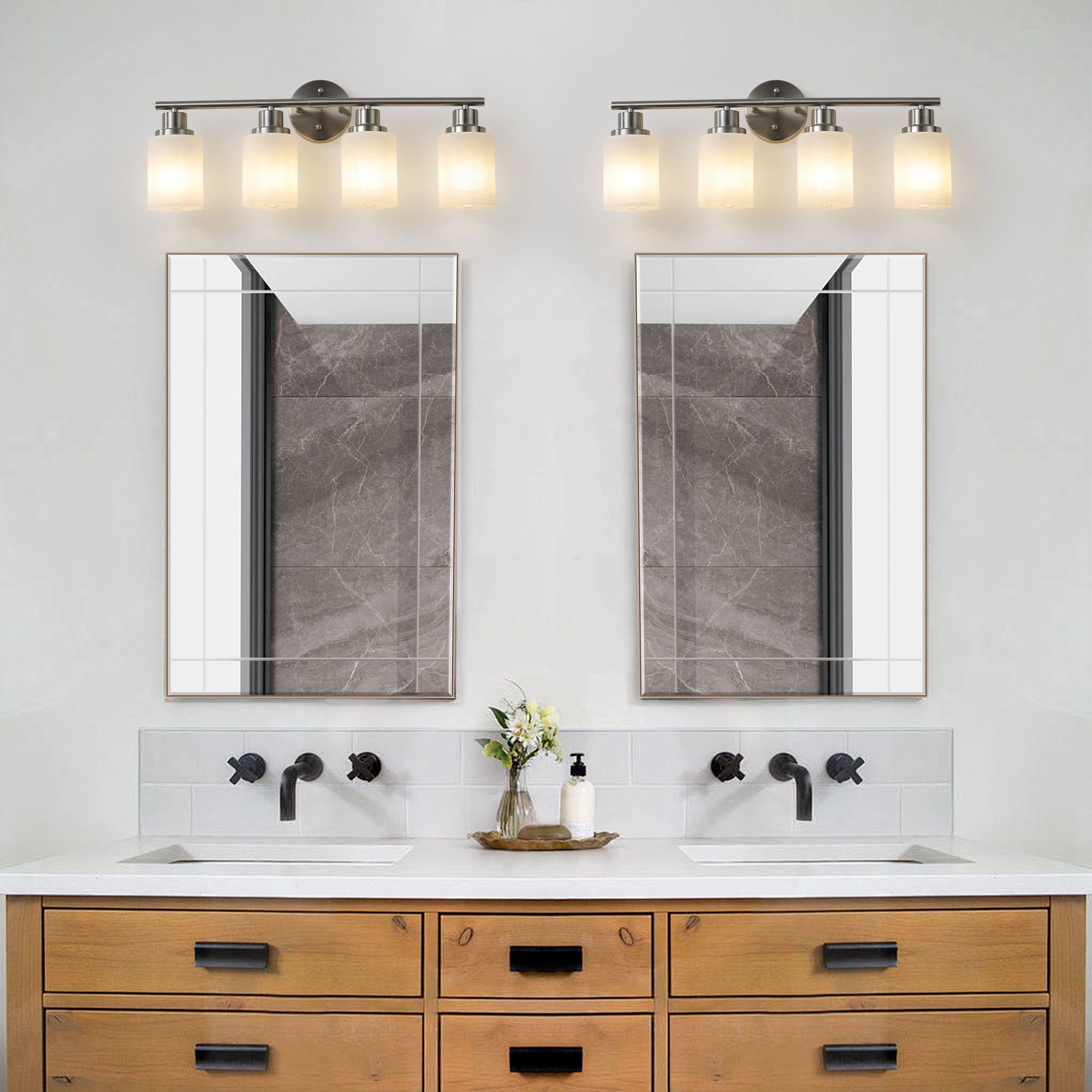 Modern Bathroom Light Fixtures Over Mirror, 4-Light 24.4in Vanity Lights ,Milky White Glass Shades, Wall Sconces Brushed Nickel