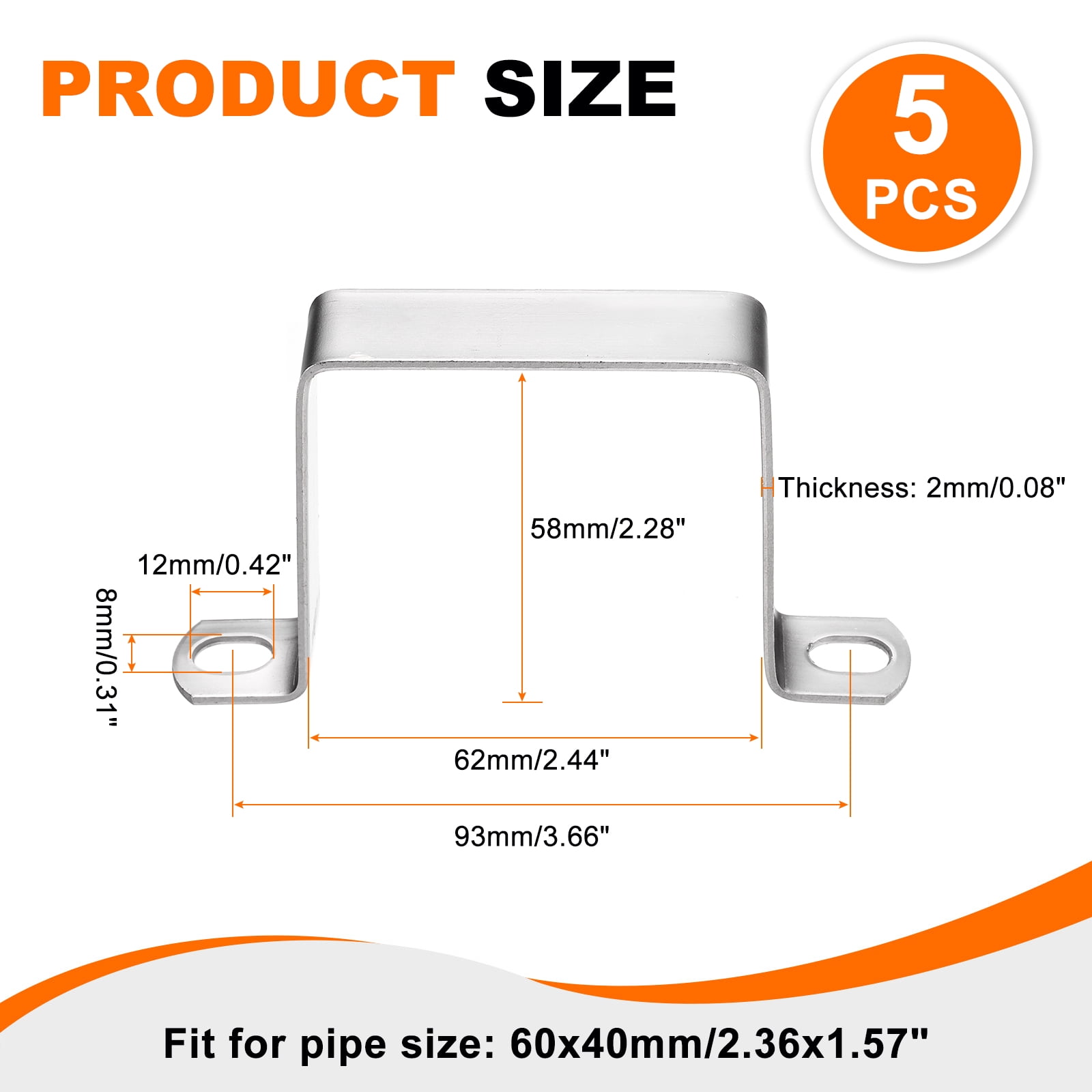 5pack Square Pipe Clamp 60x60mm 304 Stainless Steel Tube Buckle, Silver