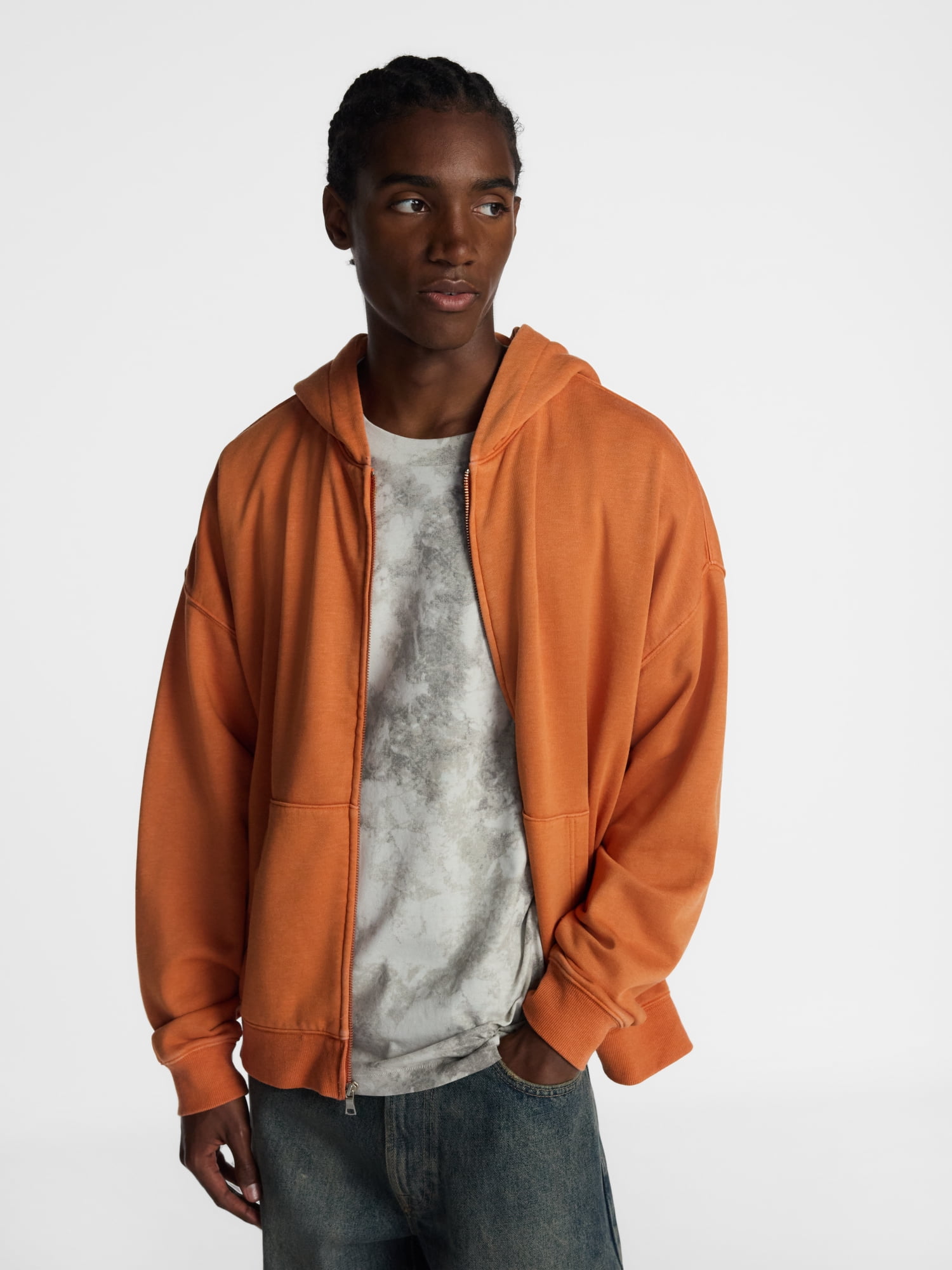 No Boundaries Boxy Oversized Fit Fleece Zip Hoodie Sweatshirt with Long Sleeves, Men's XS-4XLT