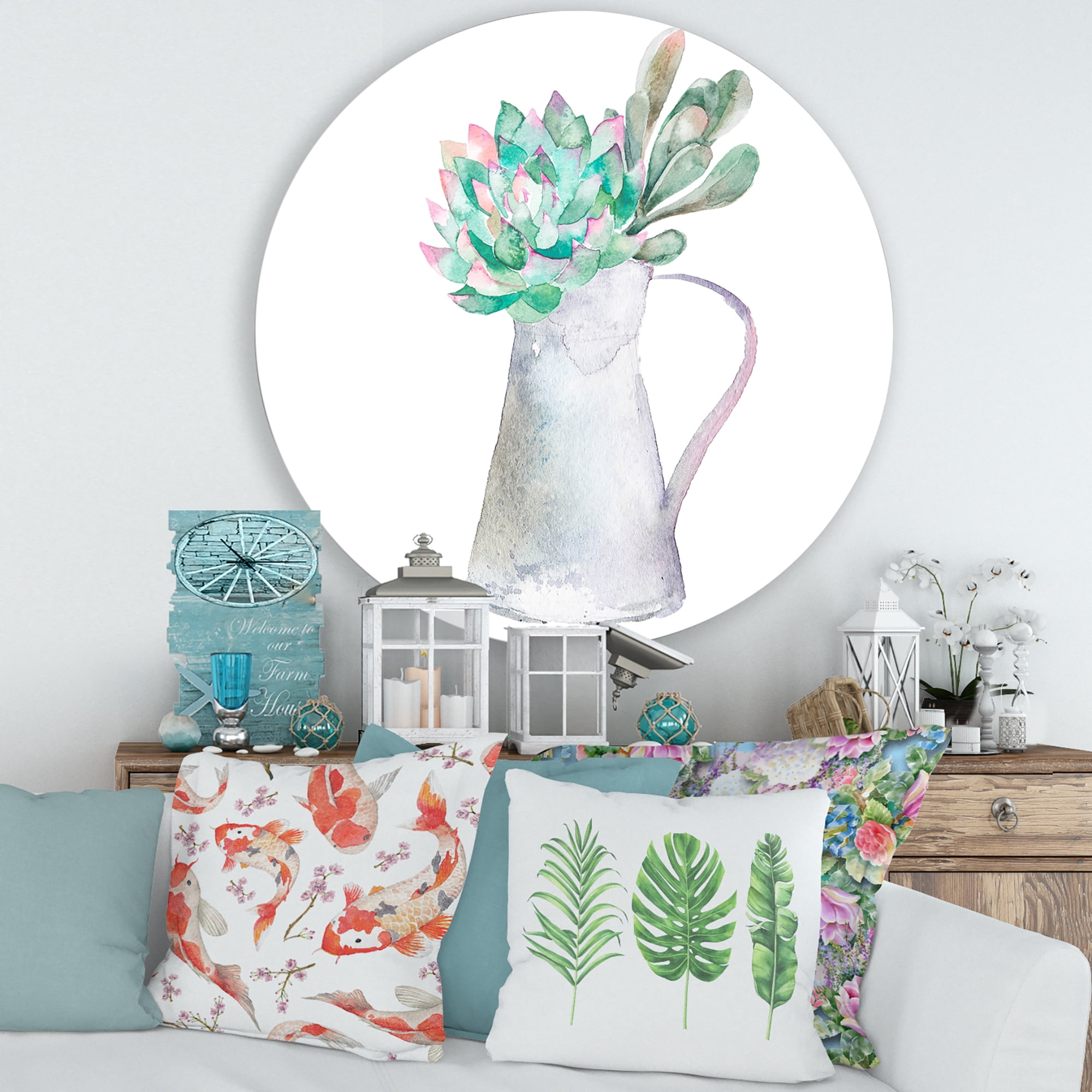 Designart 'Succulent Home Plant In Jug' Traditional Circle Metal Wall Art 36x36 - Disc of 36