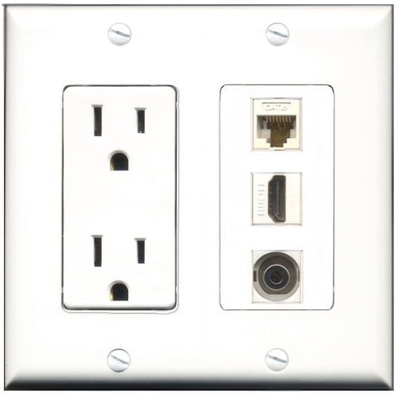 RiteAV - 15 Amp Power Outlet 1 Port HDMI 1 Port 3.5mm 1 Port Cat6 Ethernet Ethernet White Decorative Wall Plate