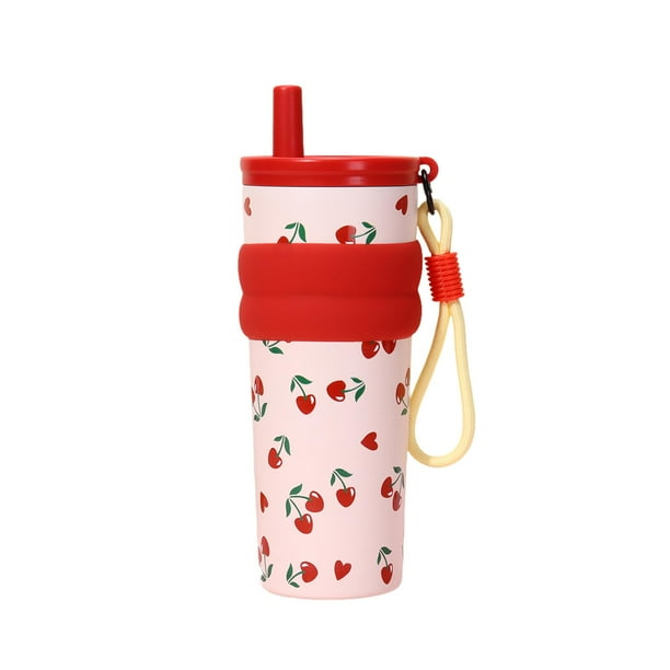 Botella de agua aislada para niños, linda y fácil de llevar, con dibujos animados y asa. Rojo
