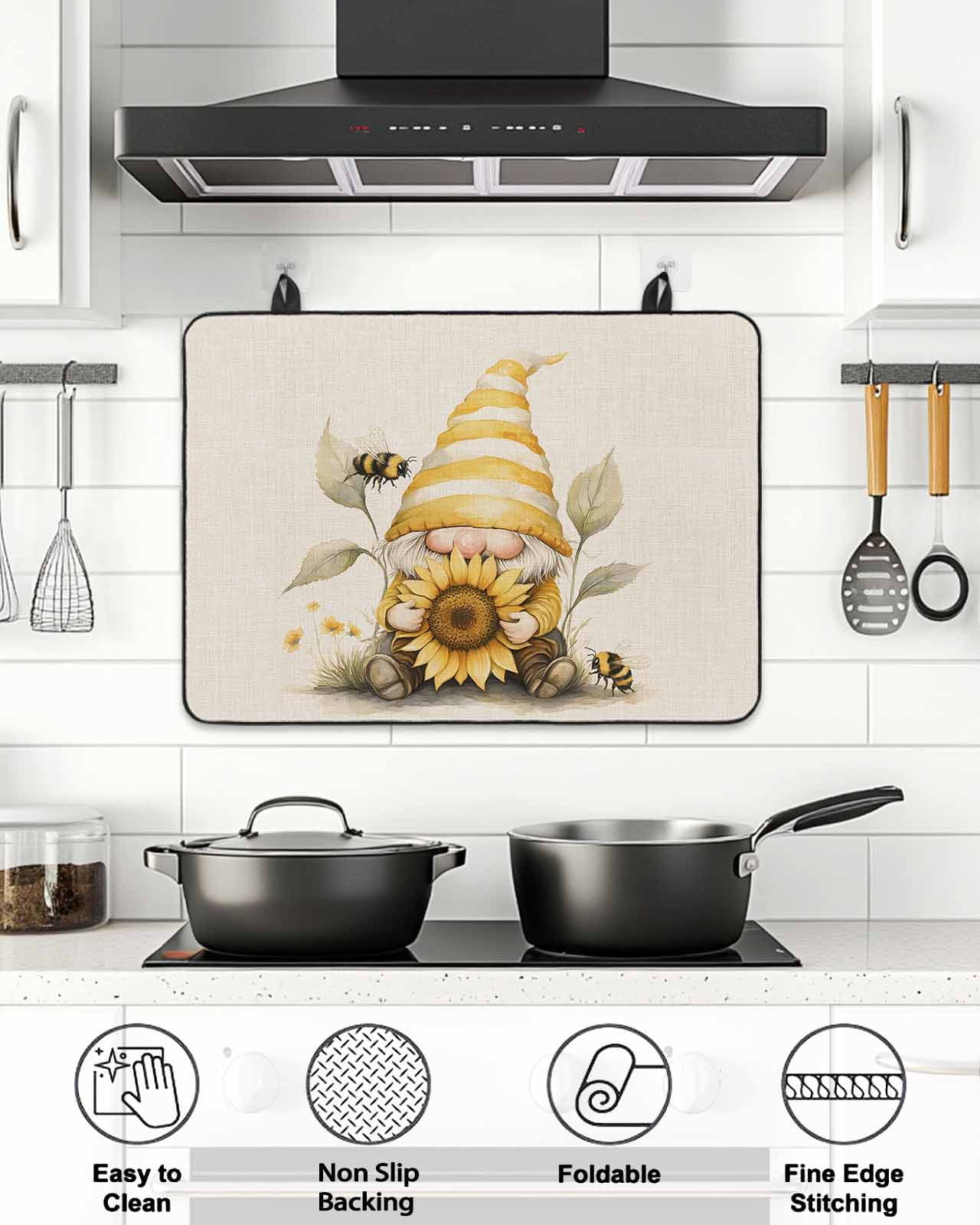 Stove Top Covers for Electric Stove 24x21 Inches, Sunflower Retro Heat Insulation Fireproof Glass Cooktop Protector, Yellow Gnomes Bee Beige Vintage Art Countertop Stovetop Cover for Kitchen