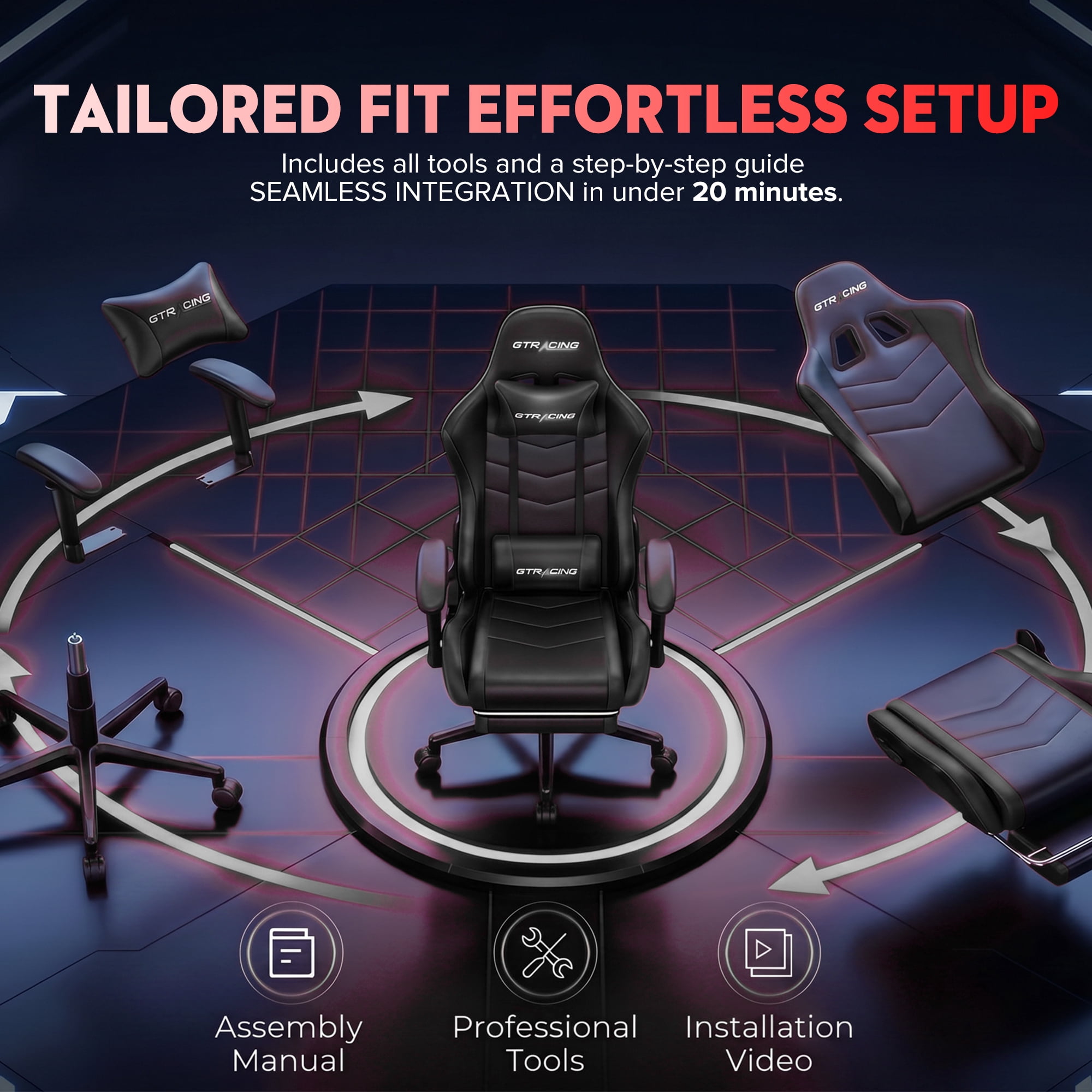 GTRACING Ergonomic GTWD-200 Gaming and Office Chair with Adjustable Pillows and Footrest, Black