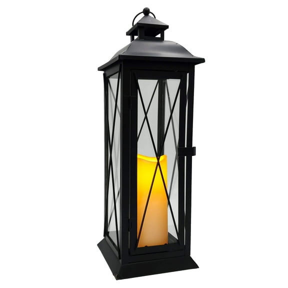 LumaBase Battery Operated LED Metal Lantern with LED Candle and Hanging Loop - Crisscross