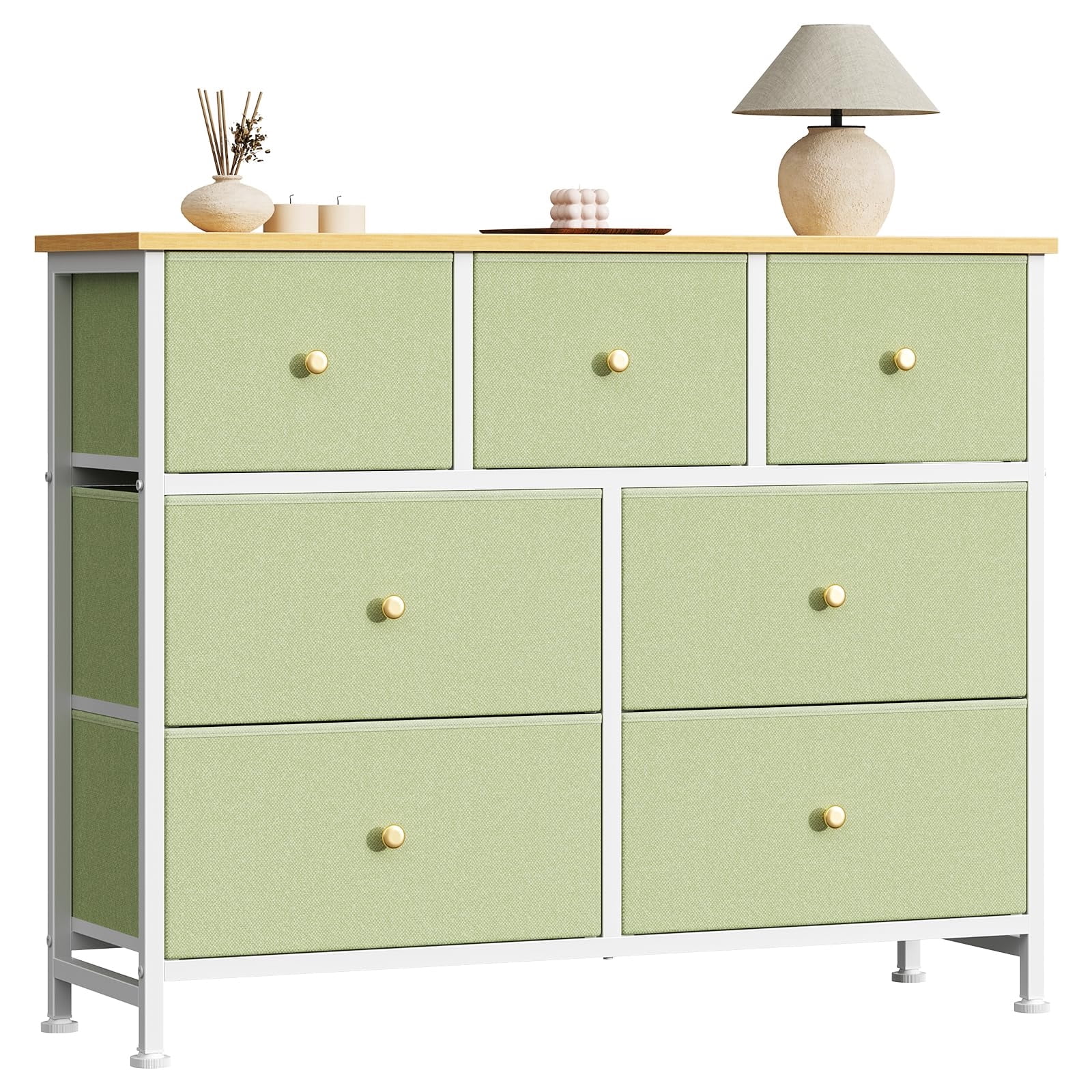Telyra 7-Drawer Fabric Dresser TV Stand Organizer with Wood Top and Metal Frame Wide Storage Chest, Light Green