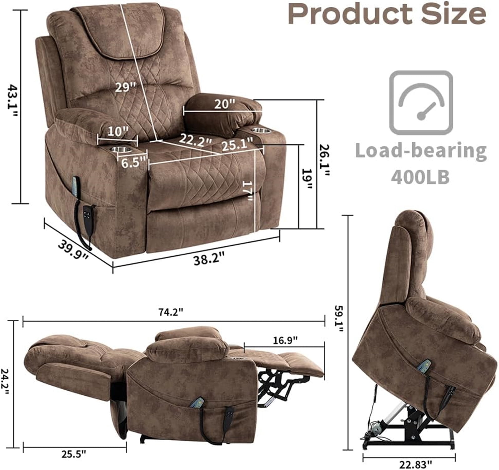 LITVZ Recliner Lift Chairs for Elderly, 180 Degrees Lay Flat Recliner Chair with Heat and Massage and Cup Holder for Adults 400 lb Capacity