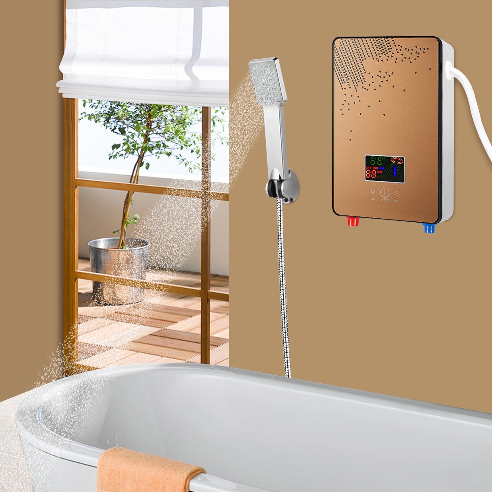 Instant Electric Water Heater - 4500W Tankless System with Constant Temperature, LED Display, Safety Features, and Shower Kit, Gold