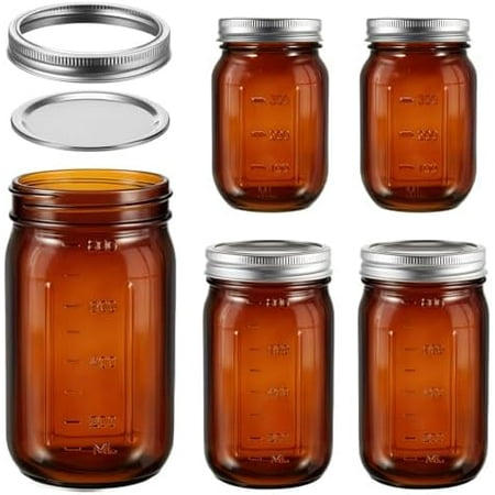 4 Pcs Amber Glass Mason Jars Set (2 x 16oz + 2 x 32oz) Glass Mason Jars Amber Canning Container Set Embossed Fermenting Container with Airtight Lids for Canning Preserving Beverages