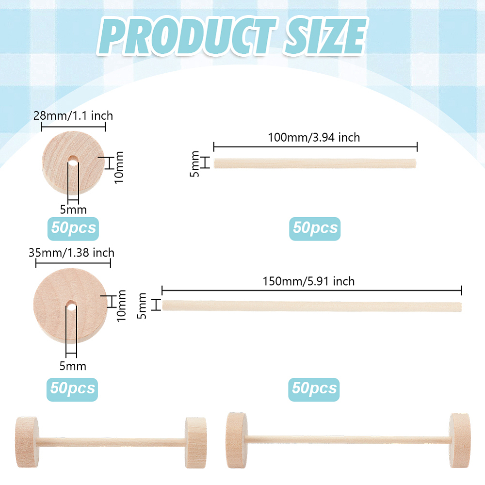 200Pcs 4 Styles Birchwood Wheel & Sticks DIY Accessories Flat Round & Column BurlyWood 28~150x10mm 50pcs/styles DIY