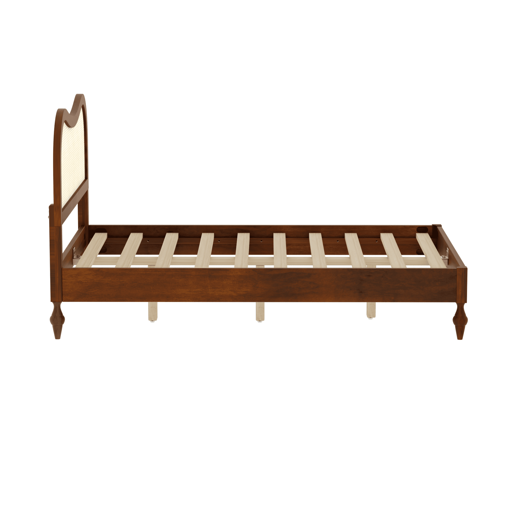 Euroco Queen Size Mid-Century Wood Platform Bed with Curved Rattan Cane Headboard, Scandinavian Natural Style Bed, No Box Spring Needed, Walnut