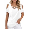 thumbnail image 4 of Womens Summer Shirts V Neck Criss Cross Cold Shoulder Tops Blouse, 4 of 5
