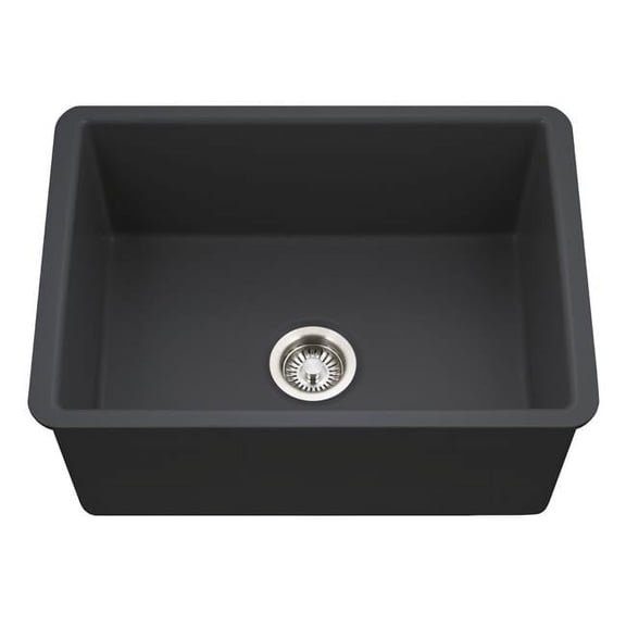 Houzer Platus 26 inch Black Fireclay Undermount Single Bowl Kitchen Sink - PTU-2800 BL-C with Basket Strainer and Basin Grid Included