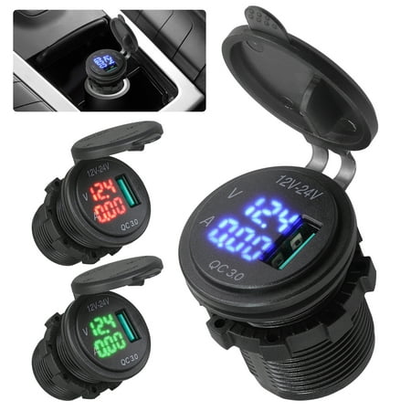 Quick Charge 3.0 USB Charger Socket Dual USB Car Power Outlet Waterproof Marine QC 3.0 Adapter Fast Charge with LED Voltmeter for 12V/24V Boat Motorcycle ATV Bus