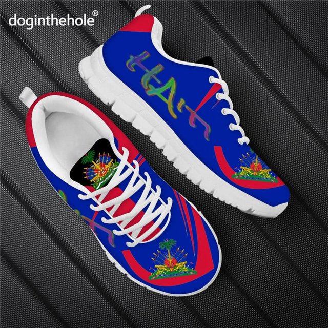 Zapatillas de running informales Doginthehole con diseño de bandera de Haití, color rojo y azul, cómodas, planas, con cordones, para primavera y otoño, para mujer