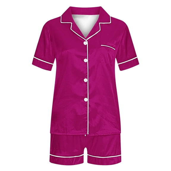 Hrsba Stylish Lapel Pajama Set for Women Solid Color Short Sleeve Top and Pants Summer Soft Ladies Breathable Sleepwear Nightwear Set