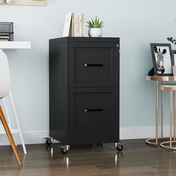 Erosoei 2 Drawer Metal Vertical File Cabinet with Lock and Wheels for Home Office ,Fits Letter/Legal/A4 Size Black
