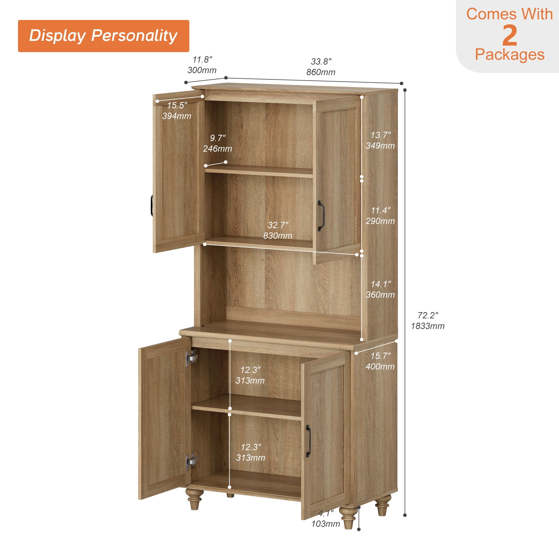 Oak 5-Tier Bookcase with Wood Doors, Bookshelf with Ample Storage Cabinet, Farmhouse Library Wooden Bookshelves for Living Room, Office, Kitchen
