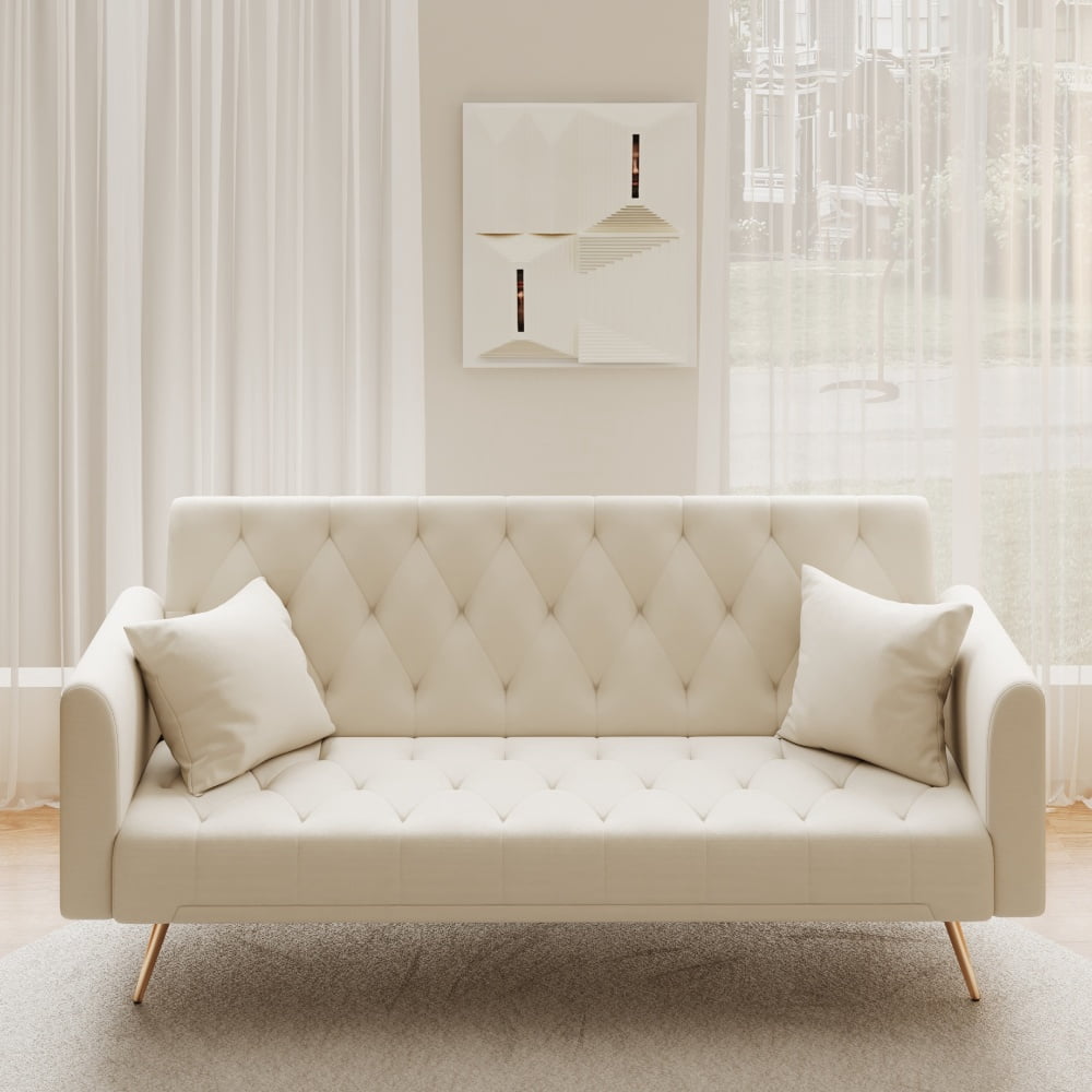 Tcbosik 71 inch Mid Century Modern Velvet Loveseat, Convertible Sofa Bed with Adjustable Back for Bedroom, Living Room, Beige