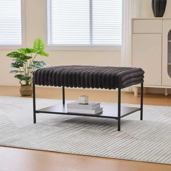 Auranook 30.7" Wide Upholstered Ottoman Coffee Table Foot Rest with Metal Legs and Open Storage, Faux Fur, Charcoal