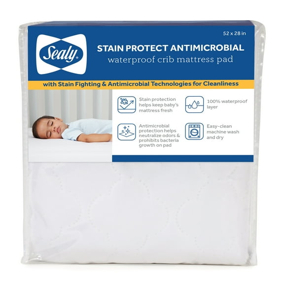 Sealy Stain Protect Antimicrobial Waterproof Crib / Toddler Mattress Pad, White, 52" L x 28" W
