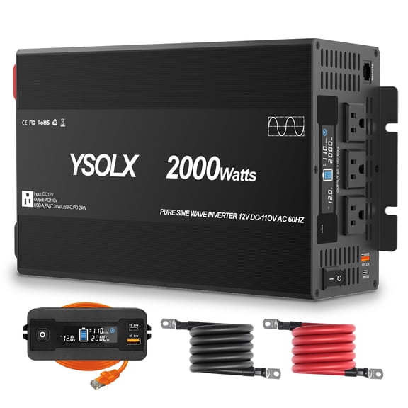 2000W Pure Sine Wave Inverter 12V to 120V, 4000W Surge Dual AC, USB, Remote for RV, Solar, Truck