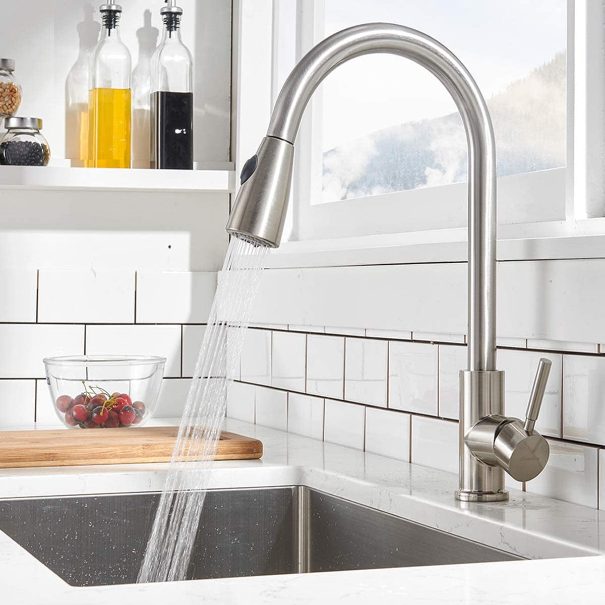 TekDeals Commercial Kitchen Sink Faucet Pull Out Sprayer Mixer Tap Brushed Nickel Single Handle