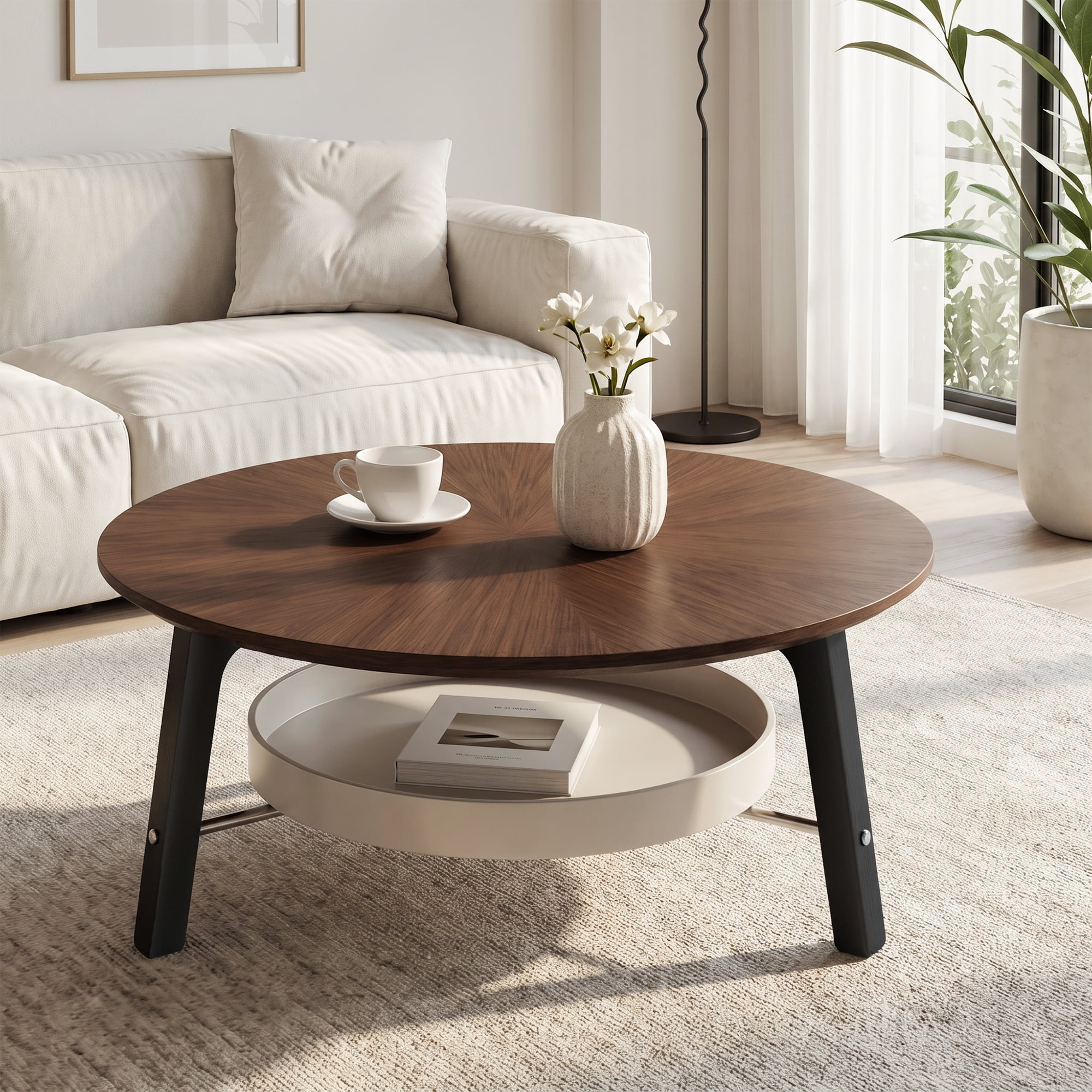 Leumius Round Coffee Table with Storage Shelf, Modern Minimalist Center Table for Living Room Walnut