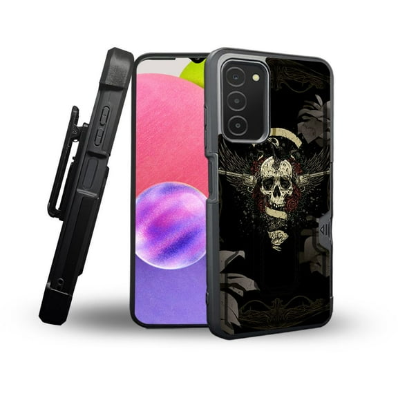 ANJ  Rugged Shockproof Holster Case Card Slot Kickstand   Tempered Glass Cover for Samsung Galaxy A03s - Gothic Skull