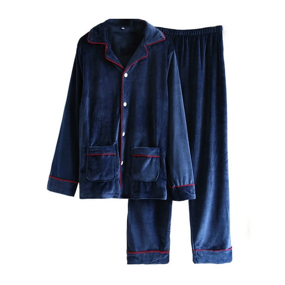 SWSMCLT Men's 2 Piece Fuzzy Pajama Set Long Sleeve Fall Soft Lounge Winter Pj Set Pajamas Comfy Warm Pant Thick Fuzzy Navy Medium