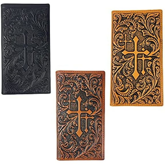 Mens Leather Cowboy Long Wallet Tri Cross Tooled